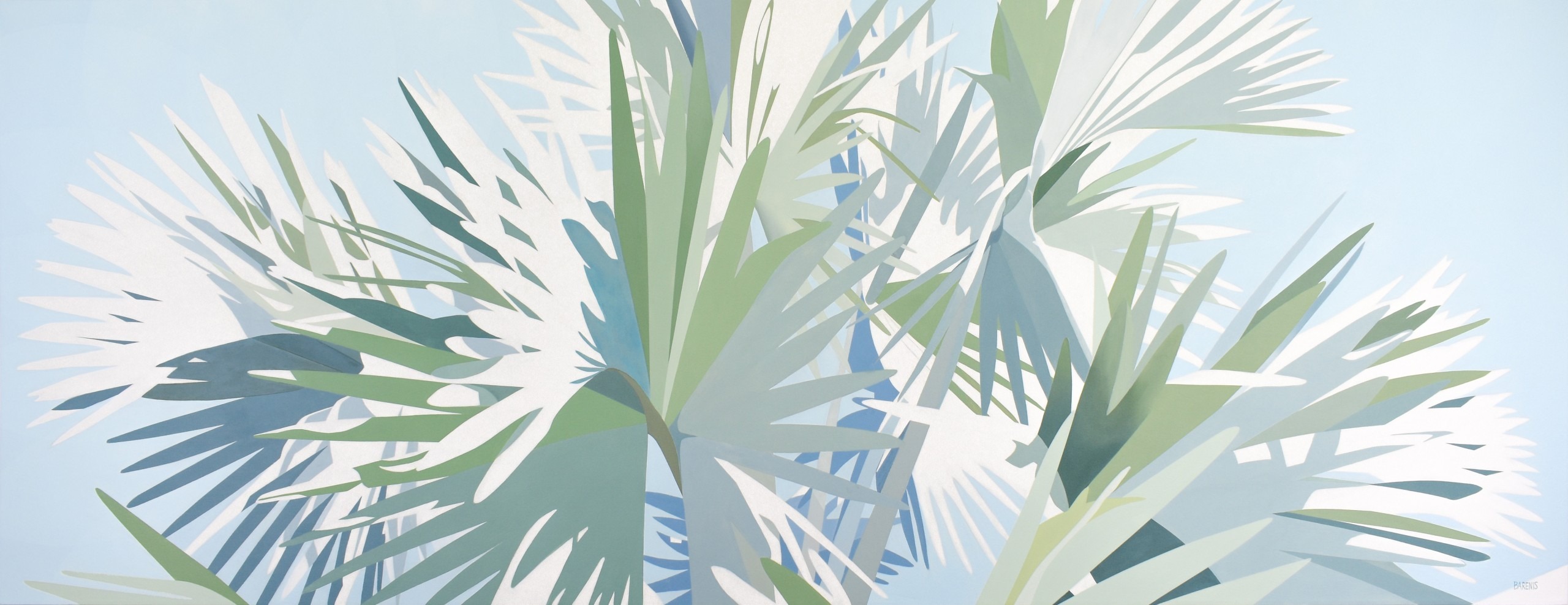 Tangled Up in Blue is shown. It is an acrylic painting of abstracted blue, green, and white palm fronds.