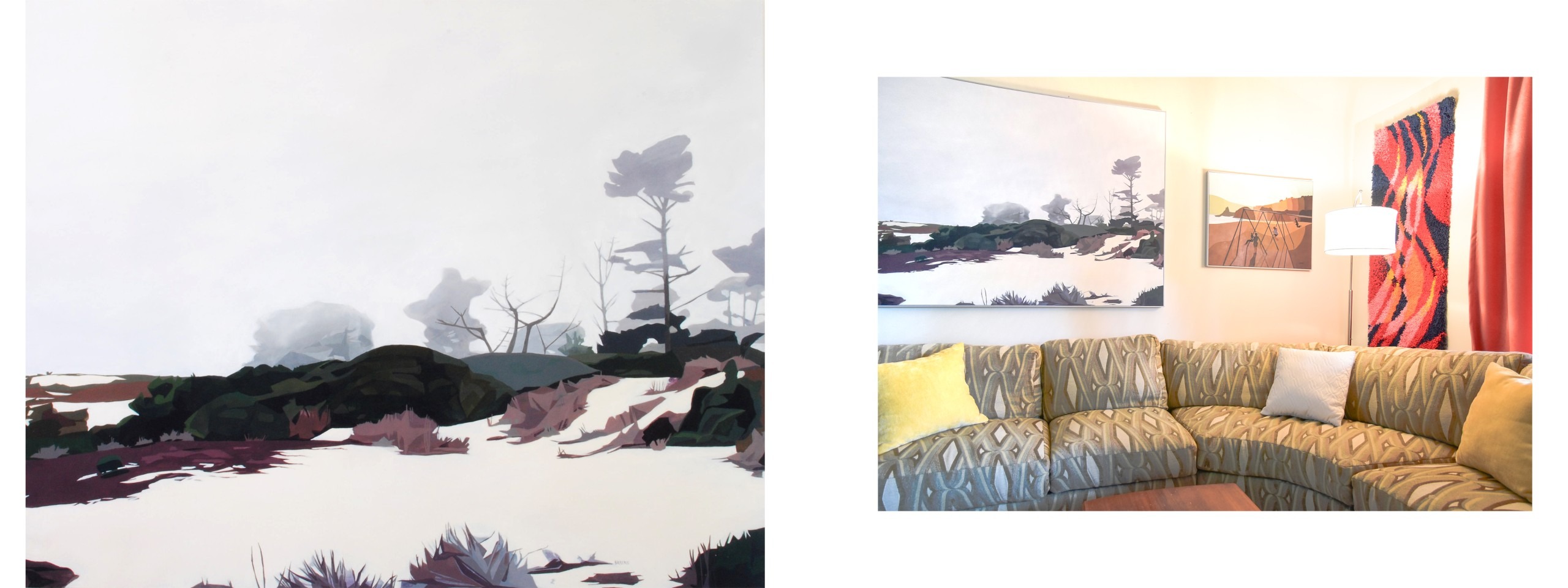The painting "Carmel" by Elizabeth Barenis depicts the sand and fog along the coast of the quiet California town. To the right, an image is shown of the painting hanging in the artist's living room.