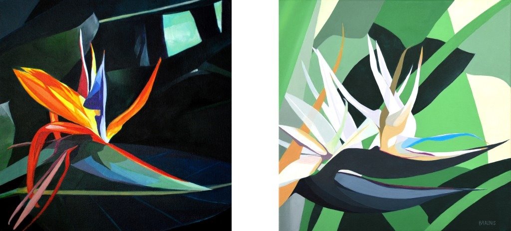 Two paintings by Elizabeth Barenis are shown. The one on the left is an orange bird of paradise. On the right is a white bird of paradise.