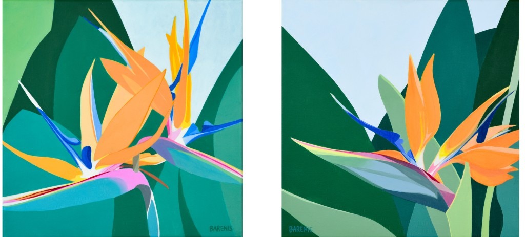 Two paintings by Elizabeth Barenis are shown. They both show orange bird of paradise flowers in bloom against a green leafy background.