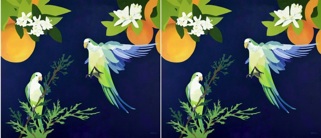 The image shows the painting of two parrots on a navy blue background - one is perched on a cypress branch, and the other is in mid-flight with its wings spread. Overhead are oranges and orange blossoms hanging.
