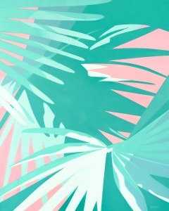 The painting called "Psychedelic Palm" by Elizabeth Barenis is shown. It features abstracted palm fronds in soft turquoise and light pink colors.