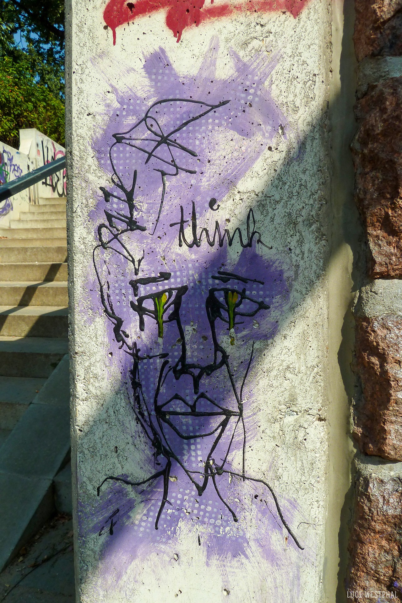 street art, purple face, think, dripping eyes