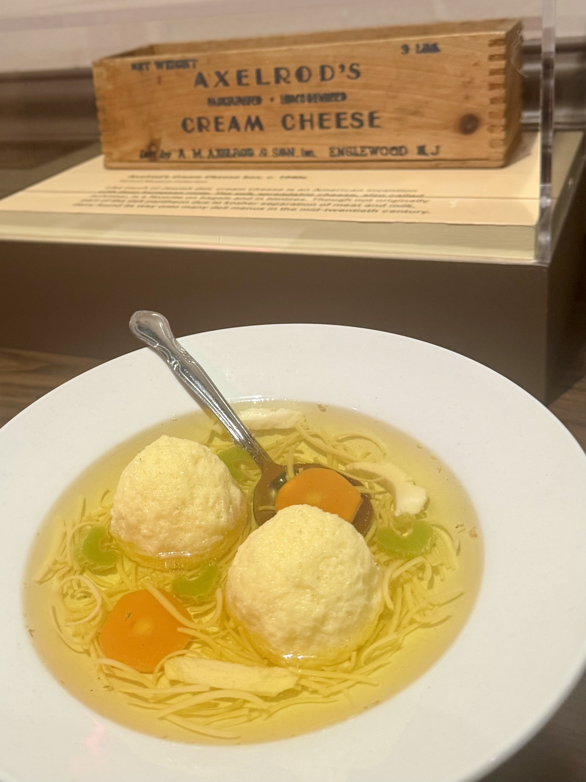 A bowl of matzo ball soup.