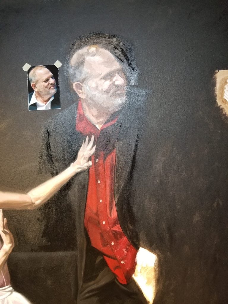 The rough in of the figure of Harvey Weinstein in Kevin Grass's "Not #MeToo" painting