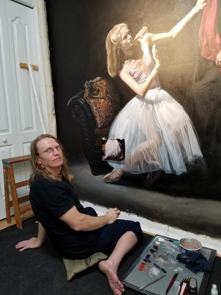 Florida artist Kevin Grass is working on one of the ballerina figures in his Not #MeToo painting.