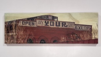Open your eye girl, graffiti, brick building, photo transferred to wood, Luci Westphal