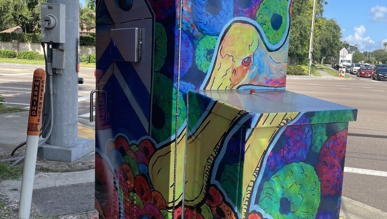 A signal box is colorfully decorated.