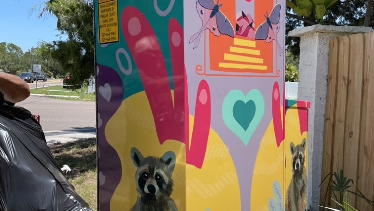 A signal box is colorfully decorated.