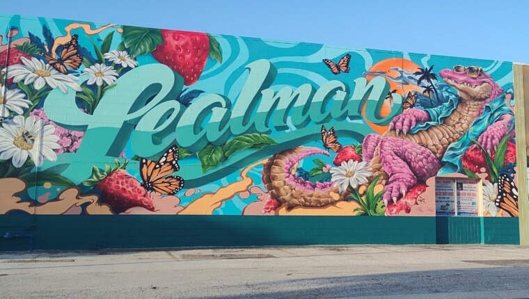 A mural reads Lealman with an alligator.